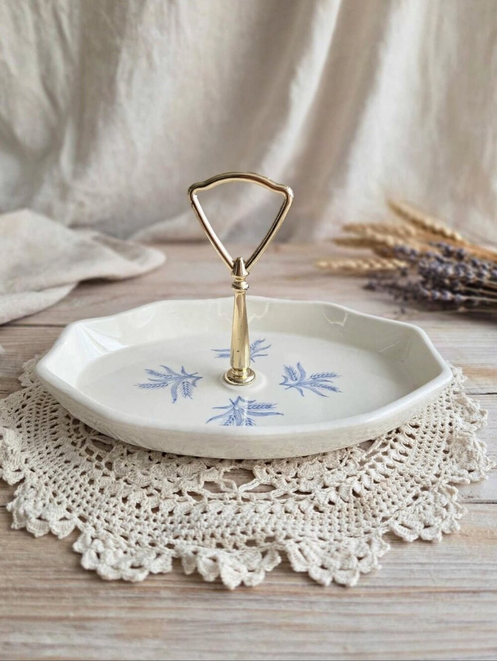 Vintage Mid-Century USA Pottery Blue Wheat Tidbit Tray with Gold Handle